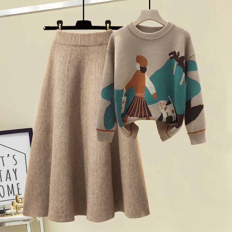 Damenbekleidung Neue große Größe Pullover Strickpullover Frauen Slim All Match Kleid Zweiteiliger Anzug_voghion.com