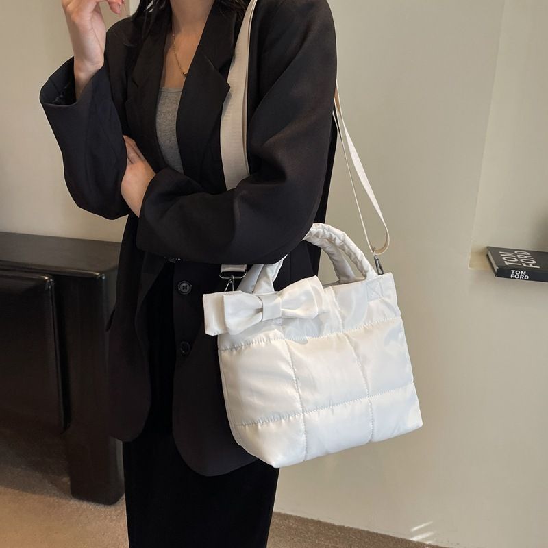 Autumn and winter women's down new cute bow single shoulder handbag space cotton temperament crossbody bag_voghion.com