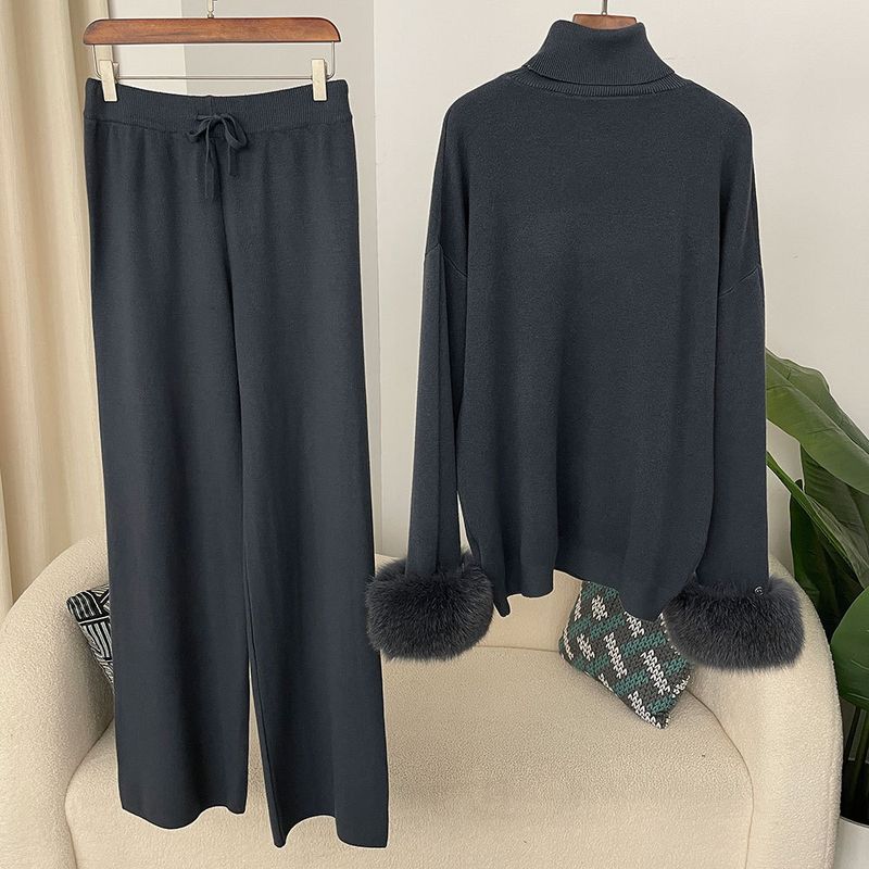 Ensemble en tricot avec poignets en fourrure de renard pour femme – Pull ample à col montant et pantalon large pour l'automne/hiver_voghion.com