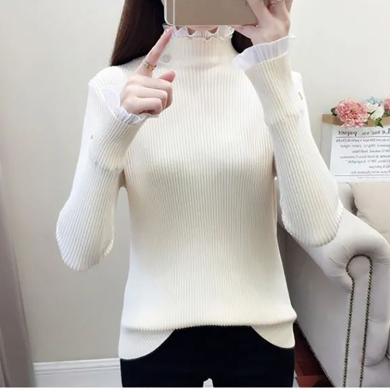 Sweater Women's Turtleneck Lace Ruffle Pullover Women's Trumpet Sleeve Top Solid Color Knitwear Trending Sweater Autumn_voghion.com