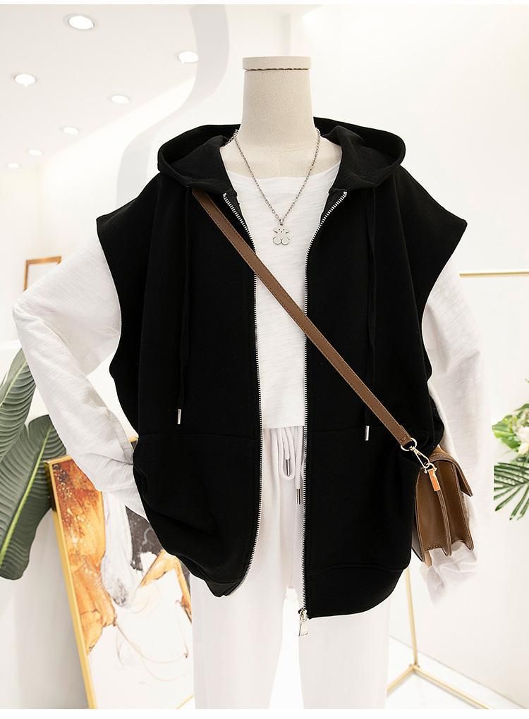 Vêtements pour femmes printemps et automne mince cardigan à capuche gilet veste conception féminine graisse MM 20 300 livres gilet ample sans manches haut_voghion.com