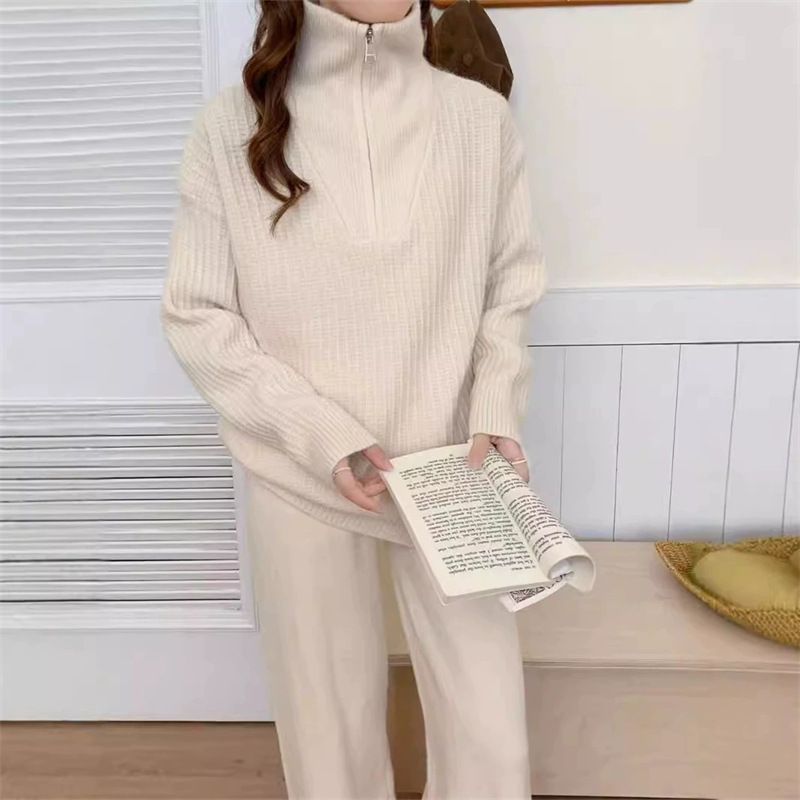 Pullover-Set mit Stehkragen und halbem Reißverschluss für Damen – Zweiteiliges Outfit aus Rippstrick – Übergroße Loungewear (Einheitsgröße S–L)_voghion.com