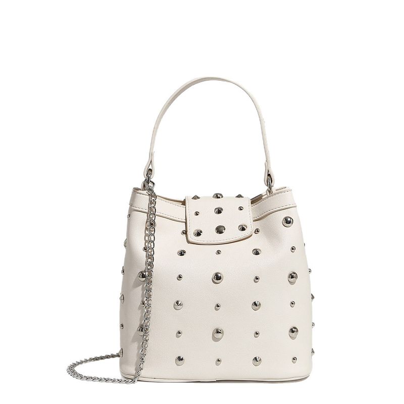 Nuova borsa a mano metallizzata con rivetti, borsa a tracolla con catena a secchiello a pois in stile punk, borsa da donna a spalla singola_voghion.com