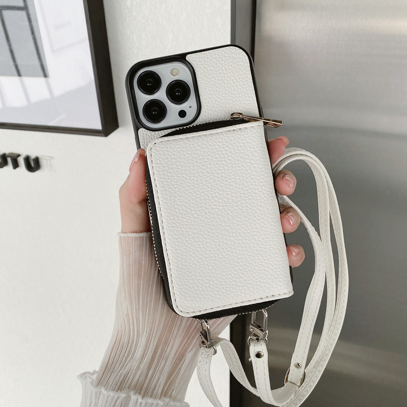 Mobile phone case zipper card holder diagonally applicable to Apple 14 mobile phone case Apple 13 promax litchi pattern protective cover 12 women_voghion.com