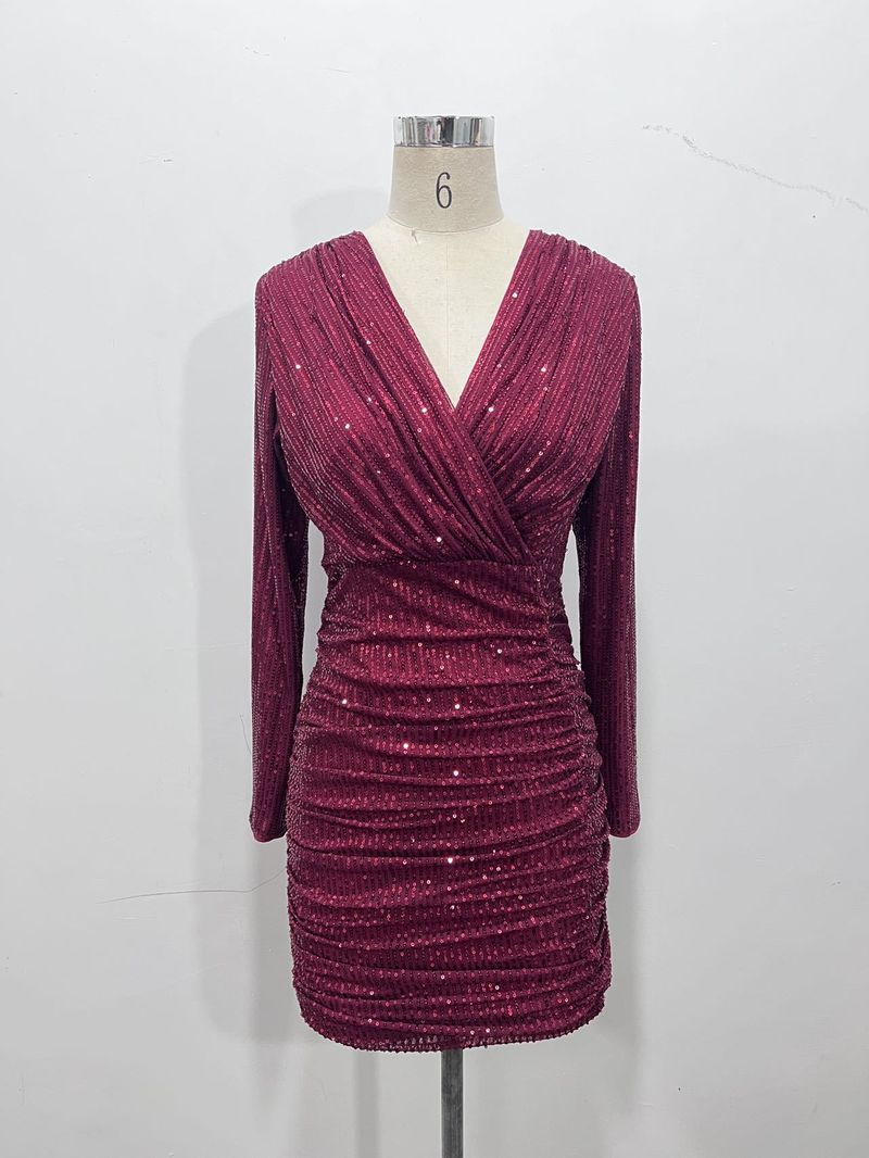 Sexy V-Neck Bodycon Mini Dress With Glitter Sequins For Women, Elegant Party Cocktail Dress, Sleeveless Formal Evening Gown_voghion.com