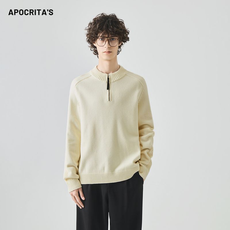 APO Herrenbekleidung|Herrenpullover mit halbem Reißverschluss, Herbst, Lazy Old Money Style, dickes, lockeres Raglan-Oberteil mit innerer Schicht_voghion.com