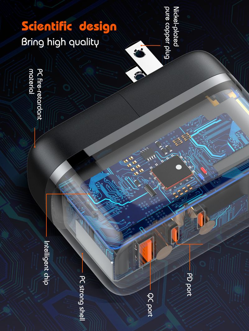 65W USB C GaN Charger With 3 Ports International EU UK US AU Travel Plug Adapter Power Cord_voghion.com