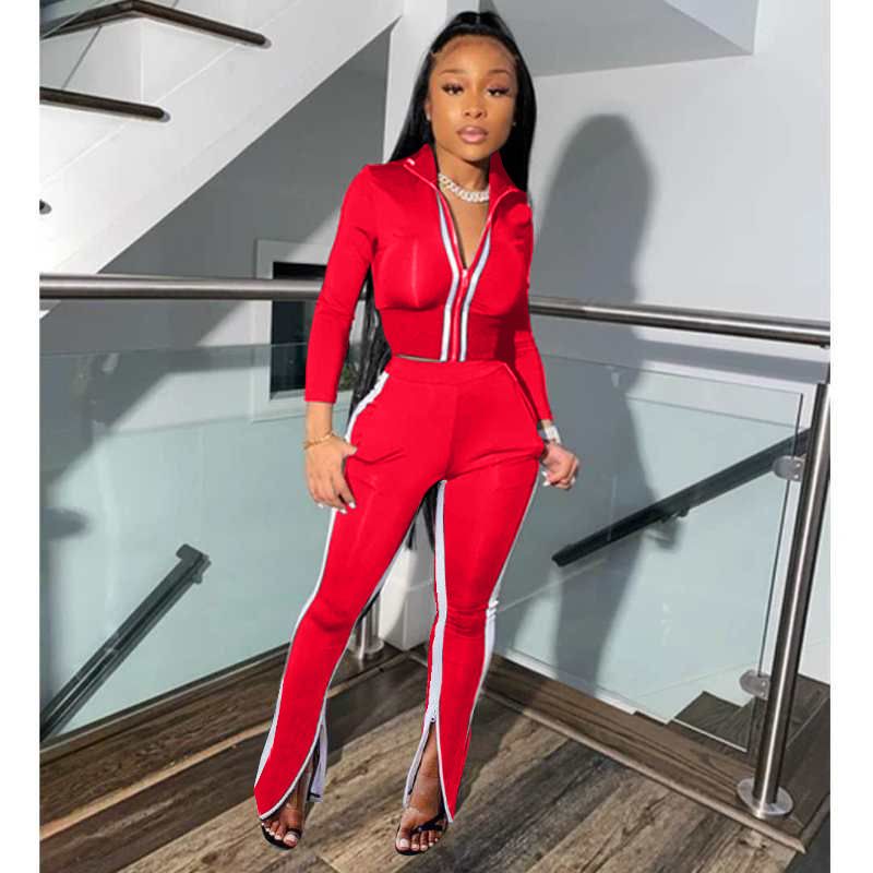 Women's trouser leg zipper split color matching sportswear suit_voghion.com