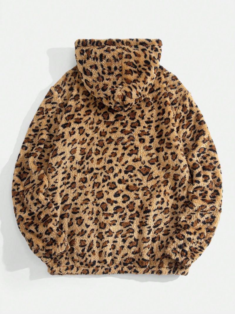 Felpa con cappuccio da uomo con stampa leopardata retrò - Pullover in pile spesso con coulisse regolabile (S-XXL)_voghion.com