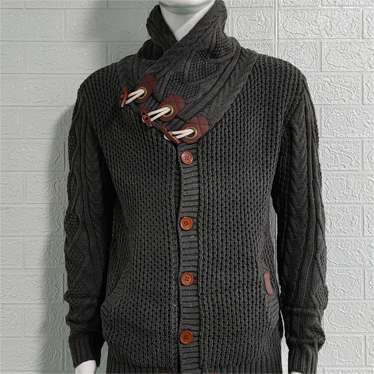 Férfi pulóver, őszi/téli kötött kabát, magas nyakú, gombos, nagy méretű divatos férfi pulóver_voghion.com