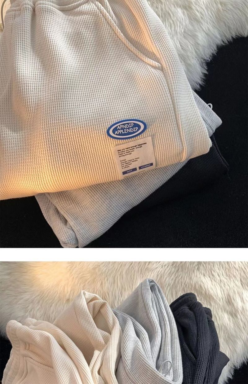 Jogginghose mit Waffelstrick für Herren – lässige Jogginghose mit geradem Bein für Teenager, weiches und atmungsaktives Polyester, elastischer Bund, einfarbig_voghion.com