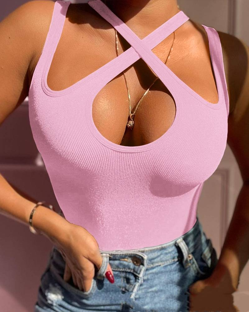 Women's Clothing red sexy cross halter neck tight ribbed vest_voghion.com