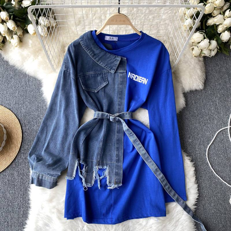 Abbigliamento donna Camicia in denim Abito patchwork Maniche lunghe Design asimmetrico Nicchia Vita Snellente Gonna fianchi_voghion.com