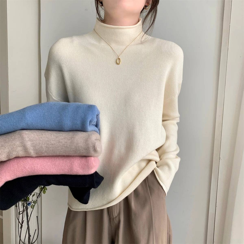Large size chubby mm autumn new women's knitted shirt with half high collar, loose fit, long sleeved bottom, warm and slimming top_voghion.com