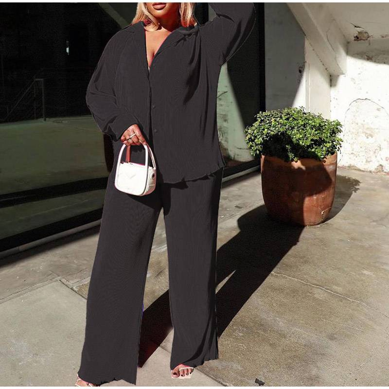 Completo da donna in due pezzi con pantaloni a pieghe, casual chic, tinta unita, a maniche lunghe, con camicie abbottonate e pantaloni a gamba dritta_voghion.com