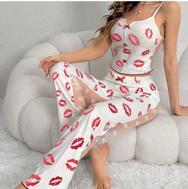 Women's Sleepwears New Sexy Mesh Stitching Printed Pajamas Two Piece Set Ladies Home Clothes Pajamas_voghion.com