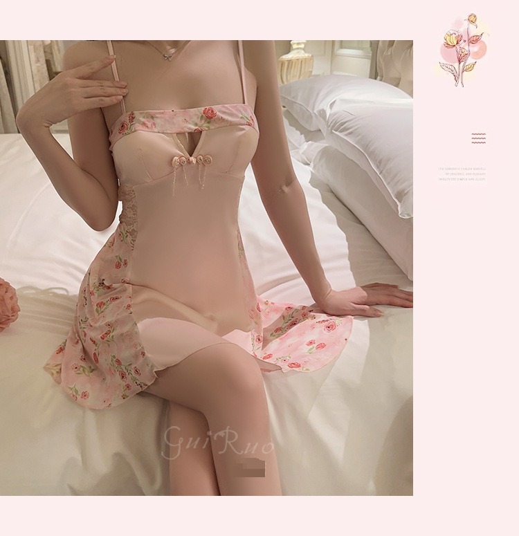 Abbigliamento da donna Guiruo Light Luxury Underwear Semplice retrò stampato raso con cuscinetto per il petto Pure Desire Style Sling Nightdress Home Set_voghion.com
