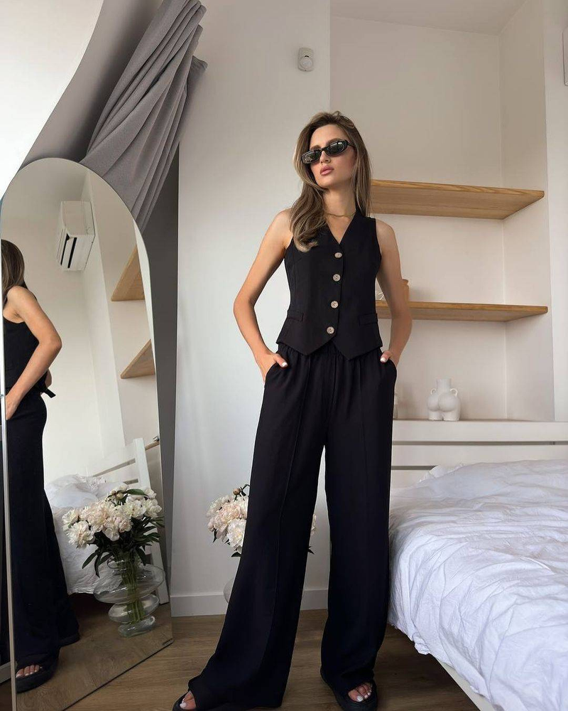 Damenbekleidung Retro Einfarbig Einreihige Weste Weste Zweiteiliges Set Hohe Taille Weite Beinhose Modeanzug_voghion.com