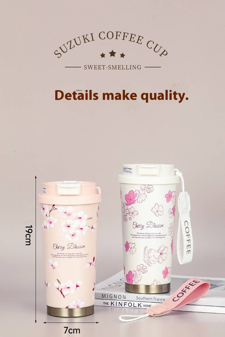Coffee Tumbler - 500ml Stainless Steel Insulated Travel Mug With Handle & Straw, Floral Print Design, Ideal For Car, Office & Gifts_voghion.com