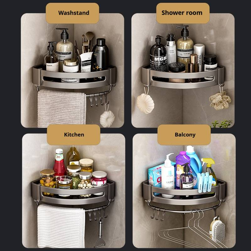 Robustes Eckregal aus Aluminium – Badezimmer-Organizer zur Wandmontage, rostfrei und wasserdicht, kein Bohren erforderlich, moderne Luxusaufbewahrung_voghion.com