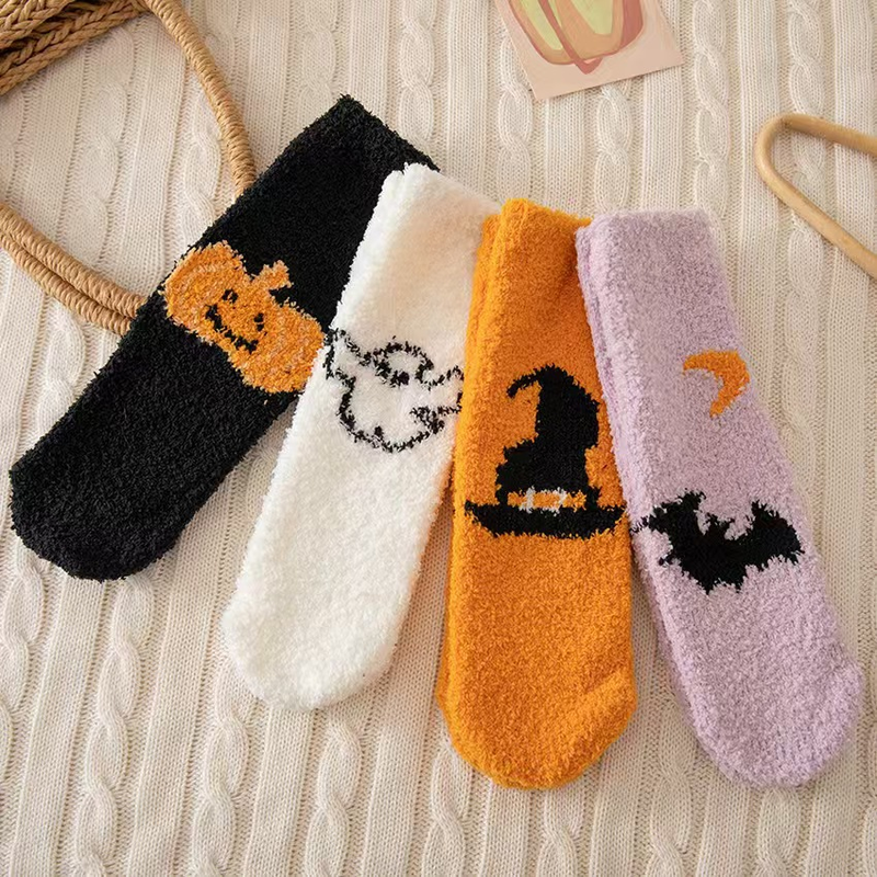 Calzini in pile corallo alla moda da donna della serie Halloween, stile autunnale e invernale, caldi e spessi, calzini da pavimento in pile per dormire_voghion.com