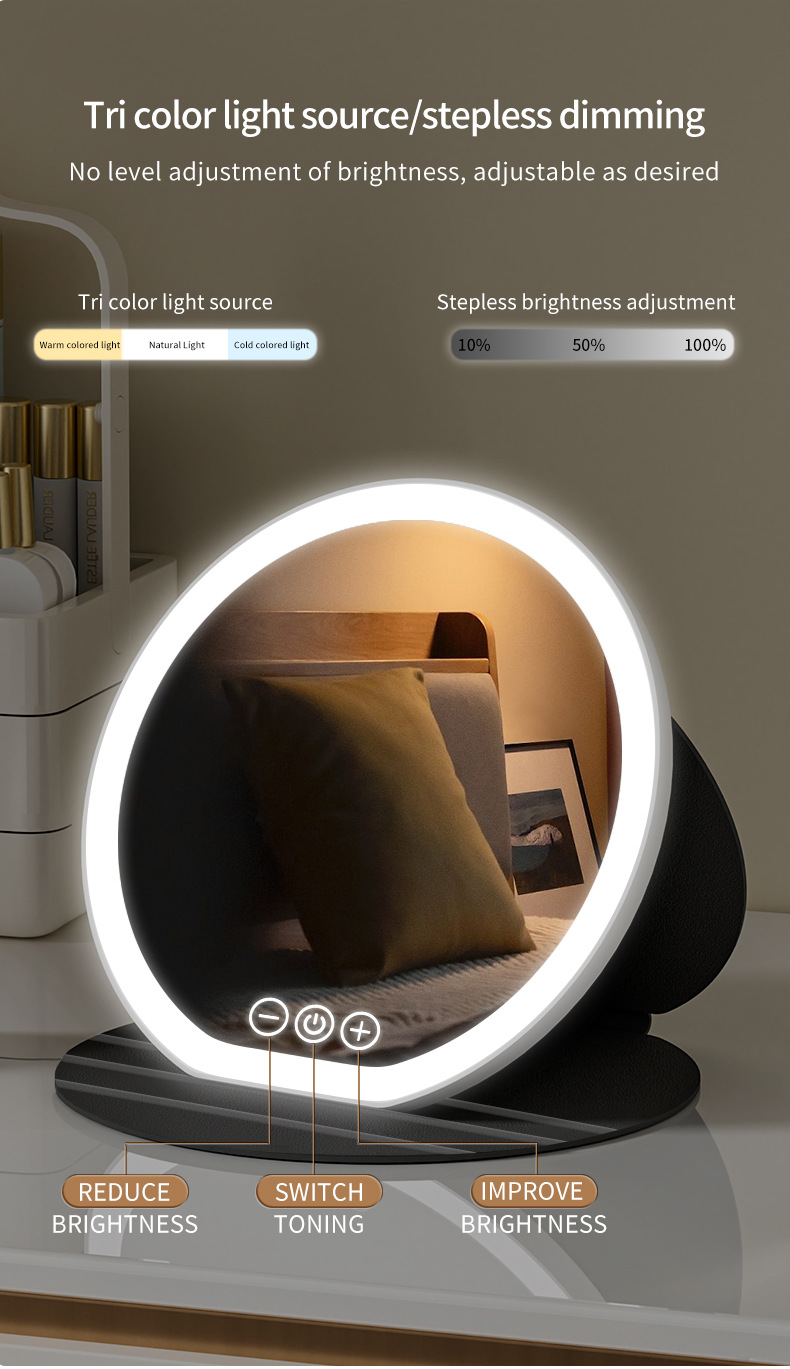 Professioneller LED-Kosmetikspiegel mit 3-farbiger Beleuchtung – Touch-Steuerung, über USB wiederaufladbar, HD-Aluminiumspiegel für Zuhause, Büro und unterwegs_voghion.com