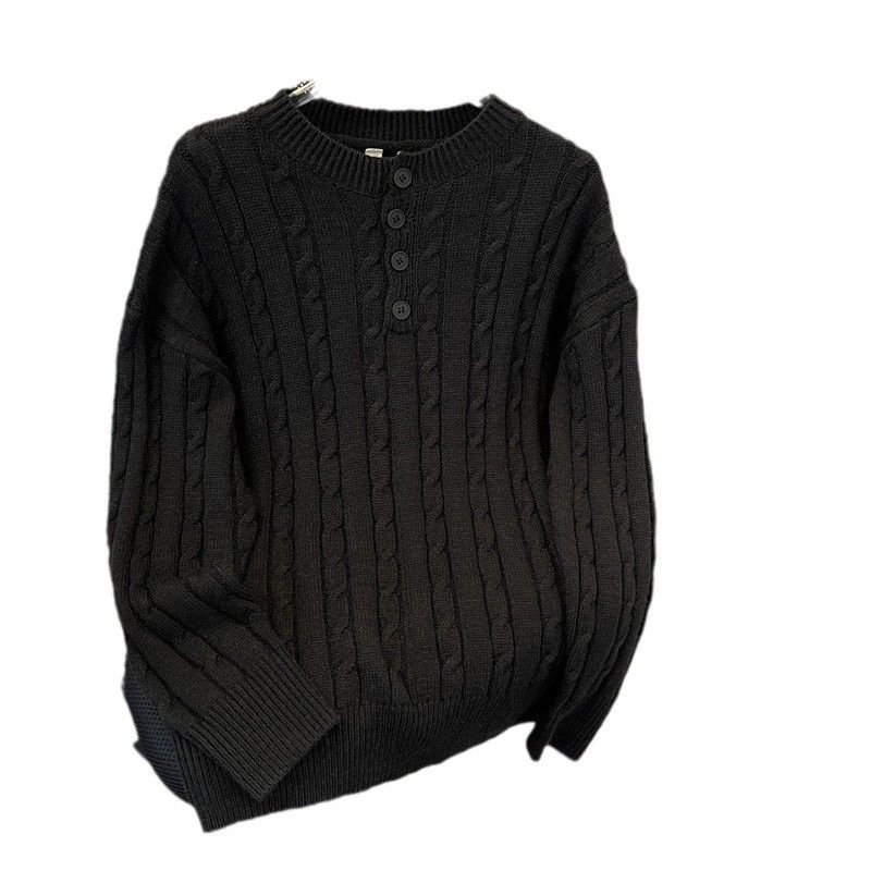 Passender grauer Zopfmusterpullover für Paare – Oversized Henley-Halspullover für Männer und Frauen, weicher und gemütlicher Unisex-Winterpullover_voghion.com