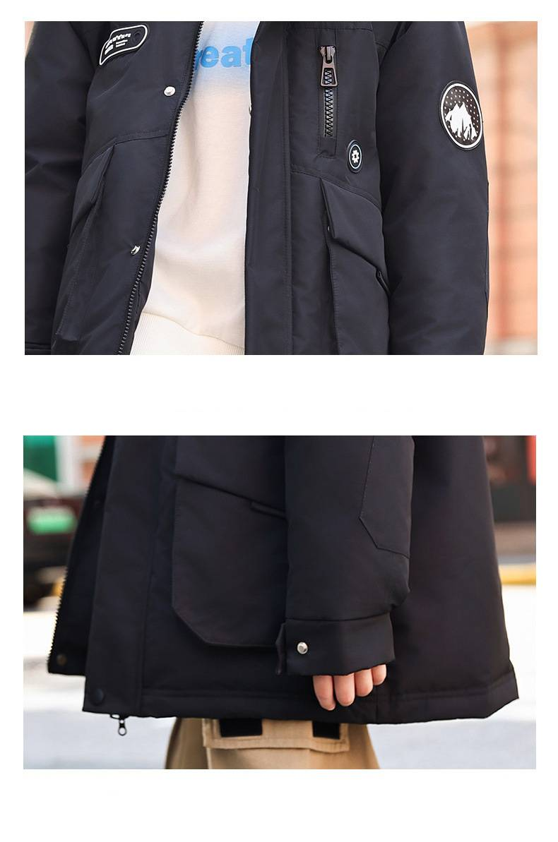 Mother & Kids Warm & Stylish Boys' Long Down Jacket With Hood - Soft Duck Feather Filling, High Waist Design, Winter Coat For Kids (Black, Beige)_voghion.com