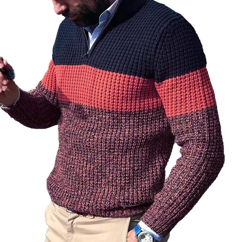 Abbigliamento da uomo Maglione casual da uomo con scollo a V e cerniera - Pullover a blocchi di colore per autunno e inverno (giallo, rosso, grigio) - Vestibilità comoda, lavabile in lavatrice_voghion.com