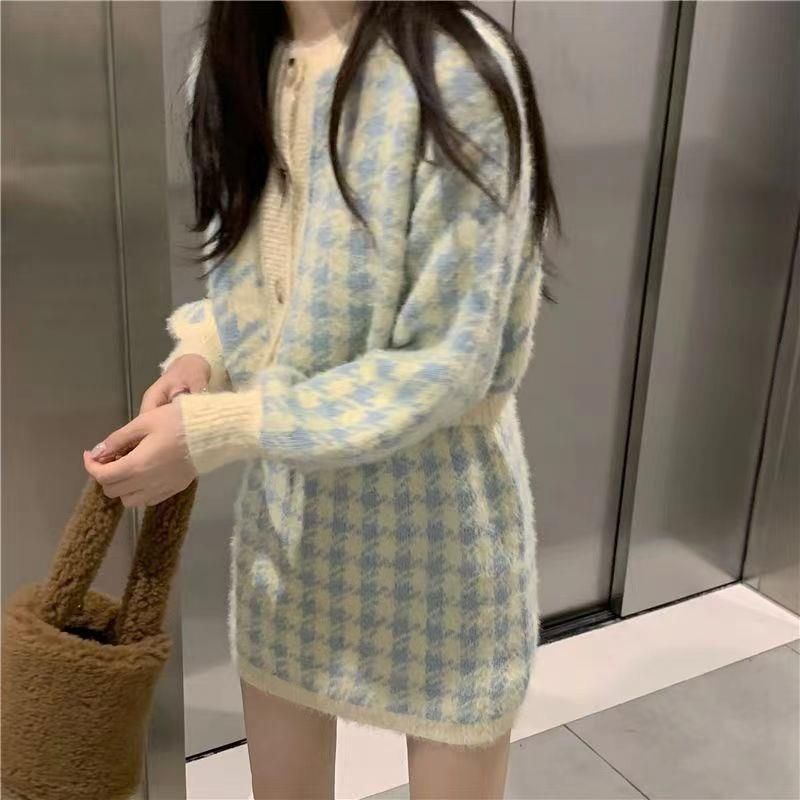 2024 Xiaoxiangfeng Tausend-Vogel-Gitter für Damen, klein und stylisch, Strickoberteil, Halbrock, dreiteiliges Set_voghion.com