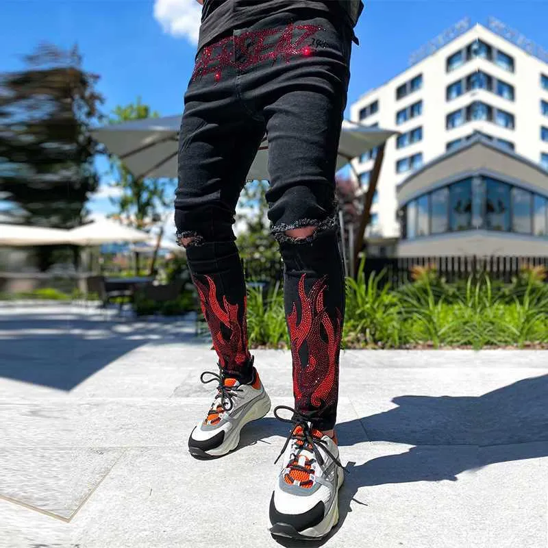 2021 Men's Ripped Skinny Hole Biker Trousers Stretch Slim Denim Pencil Pants Street Punk Black Hot Drill Jeans For Men_voghion.com