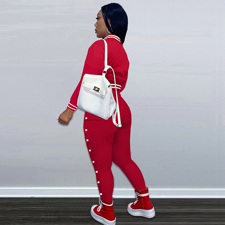 Women's solid color baseball two-piece blazer with breasted pockets_voghion.com