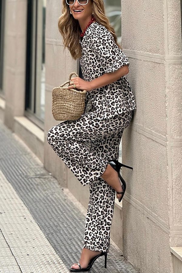 Ensemble deux pièces décontracté pour femme, cardigan et pantalon imprimé léopard_voghion.com