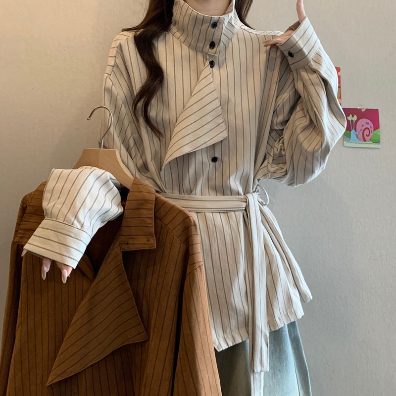 Irregular Long Sleeve Striped Turtleneck Shirt For Women, Autumn And Winter, Plus Size, Designed To Slim_voghion.com