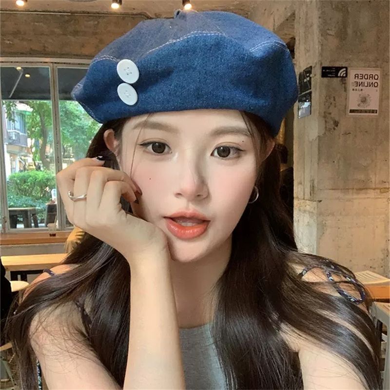 Denim für Frauen Koreanische Version Vielseitige Knopf Baskenmütze Künstler Nischendesign Großer Kopfumfang Hut Gesicht Abnehmen_voghion.com