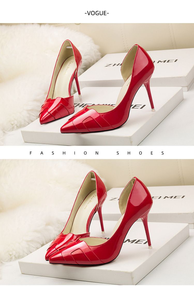 6090-1 Korean version slimming women's shoes with thin high heels, side hollowed out pointed solid color patent leather,_voghion.com