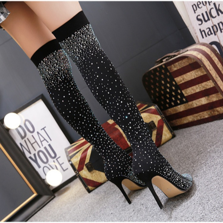 Diamante Knee Long Tube Socks High Heel Rhinestone Pointed Toe Over-the-Knee Boots_voghion.com