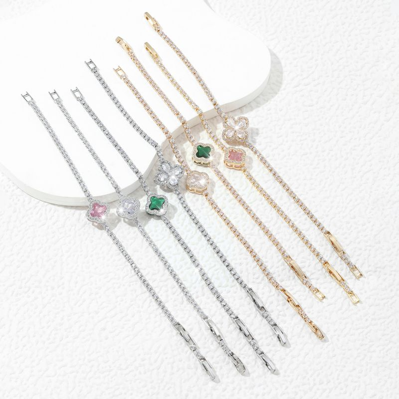 Einfaches und kompaktes, farbenfrohes Blattblumen-Mädchenarmband mit Kupferkette und Zirkonia-Intarsien, süßes und exquisites Urlaubsgeschenk-Accessoire_voghion.com