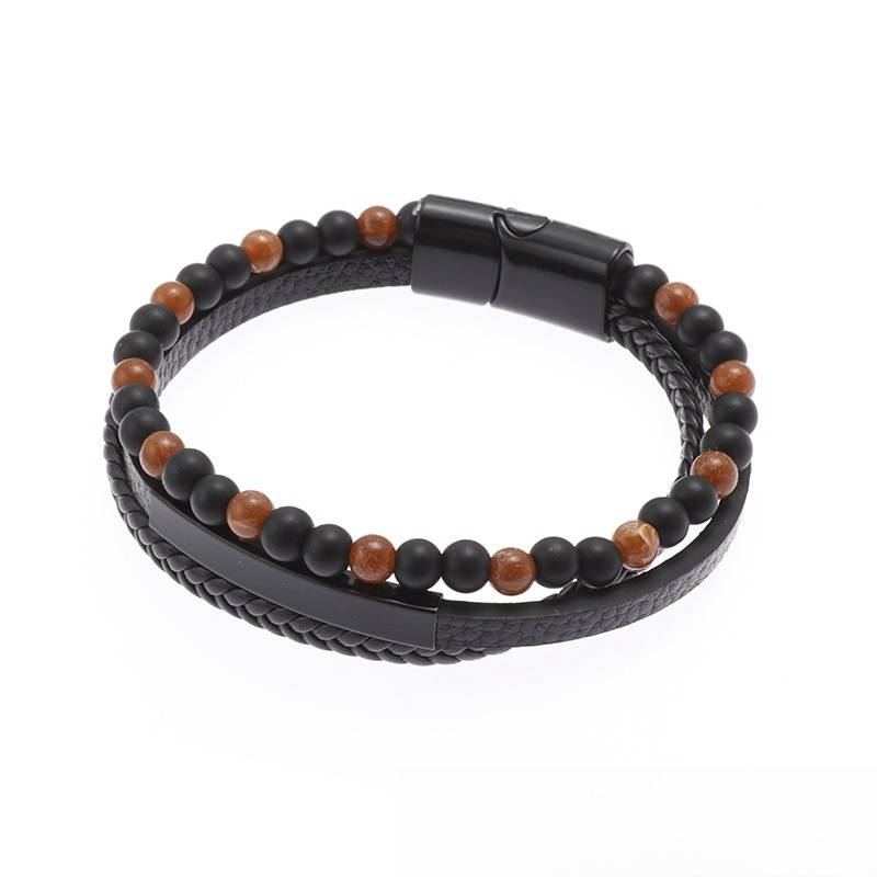 Klassieke magnetische gesp polsband armband heren natuursteen kralen leren armband meerlaagse touw sieraden_voghion.com