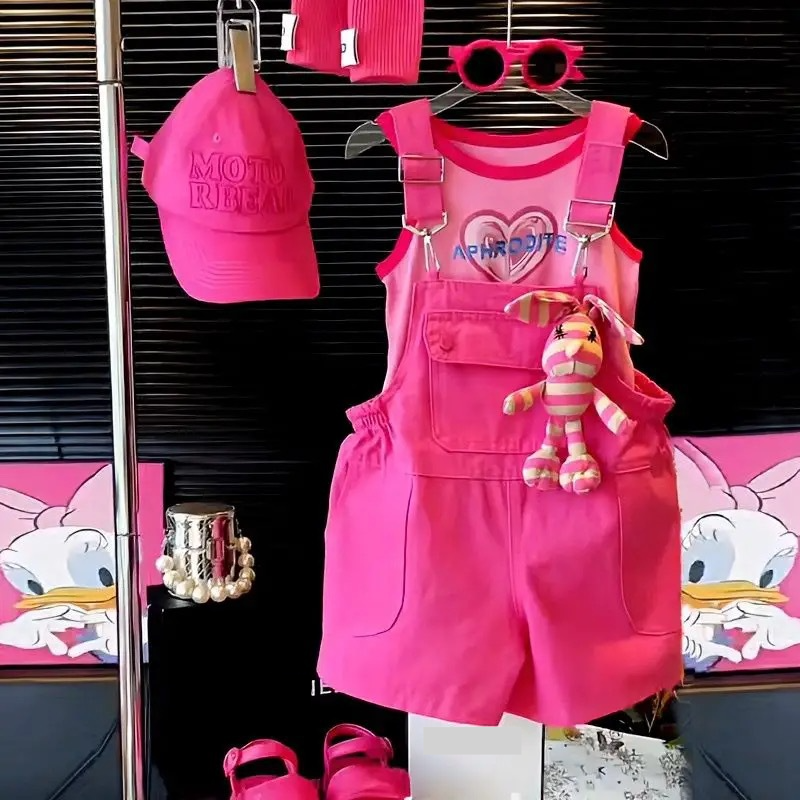 Mutter & Kinder Mädchen Sommer Casual Overalls Stilvolle Casual Rose Red Overalls 2024 Neue Stil Für Mittlere Und Große Kinder Lose und Vielseitig_voghion.com