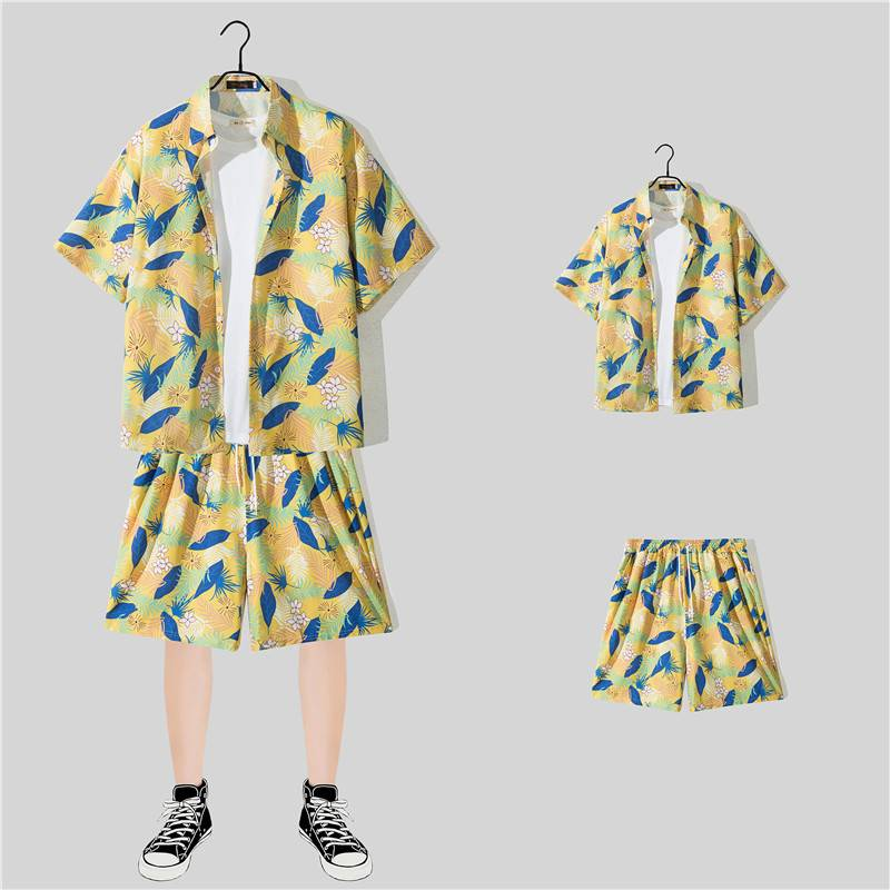 Ensemble de plage décontracté pour homme en été, tenue de plage fine, ample et tendance, short hawaïen et chemise fleurie, deux pièces_voghion.com