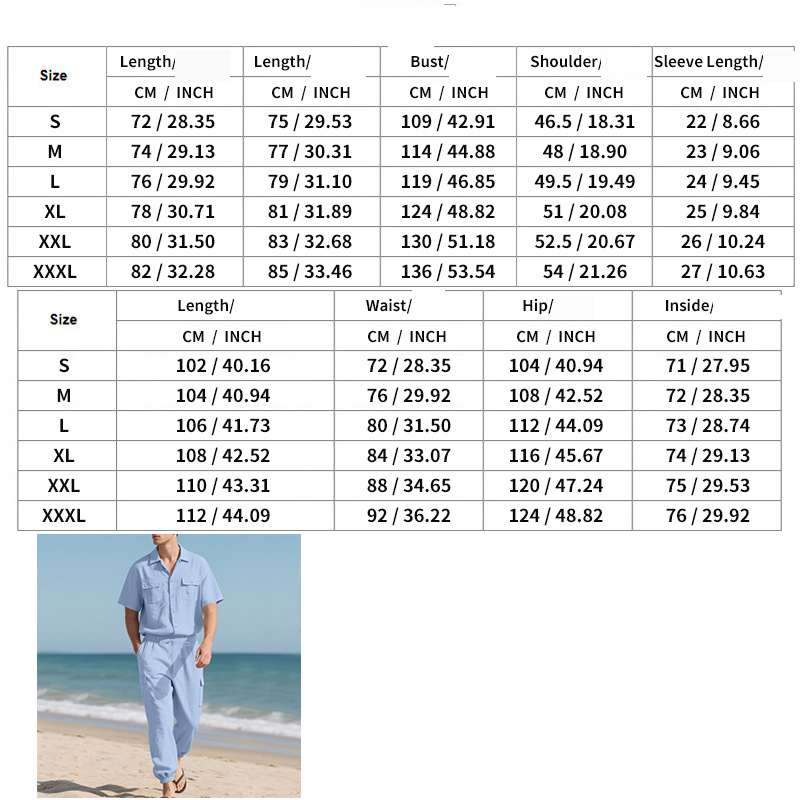 Men's Loose High End Hip Hop Workwear Sports Casual Trousers Linen Beach Short Sleeved Shirt Suit_voghion.com