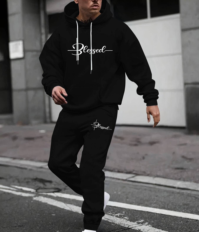 Herren-Set aus bedrucktem Kapuzenpullover und Jogginghose, lässiges Winter-Outfit, Sweatshirt und Hose mit Fleecefutter, zweiteilige Kombination_voghion.com