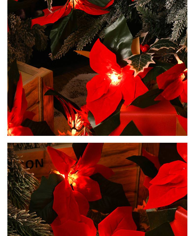Cordão de Luzes de LED em Forma de Poinsétia – Decoração de Natal com 3M/20 LEDs, a pilhas, com pétalas de tecido inquebráveis (IP42, Branco Quente 2800K)_voghion.com