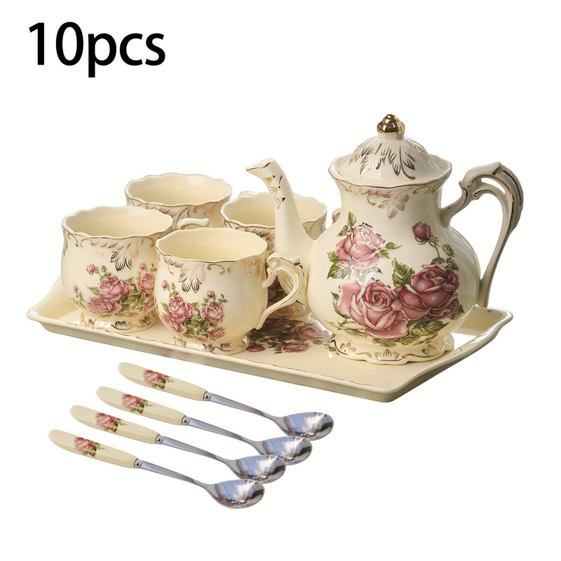 Floral Ceramic Tea Set - European Vintage Style With Rose Pattern, Light Yellow Tea Kettle & Cups With Spoon, Perfect For Afternoon Tea_voghion.com