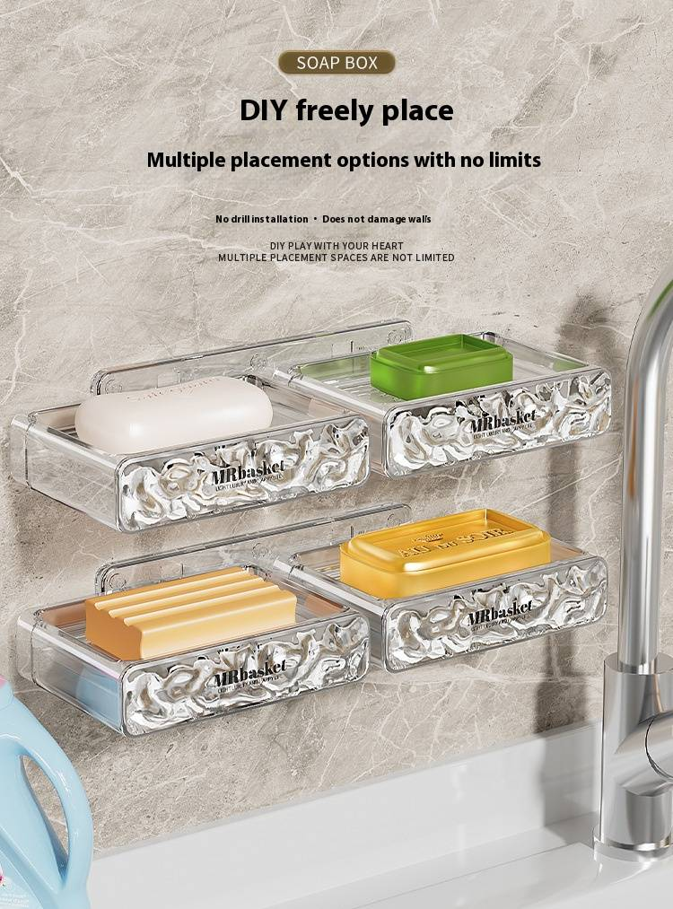 An der Wand montierter Seifenhalter mit Saugnapf, transparente Seifenschale mit Gletschermuster, PET-Seifenbox mit Drainage, Badezimmer-Organizer für Dusche und Waschbecken_voghion.com
