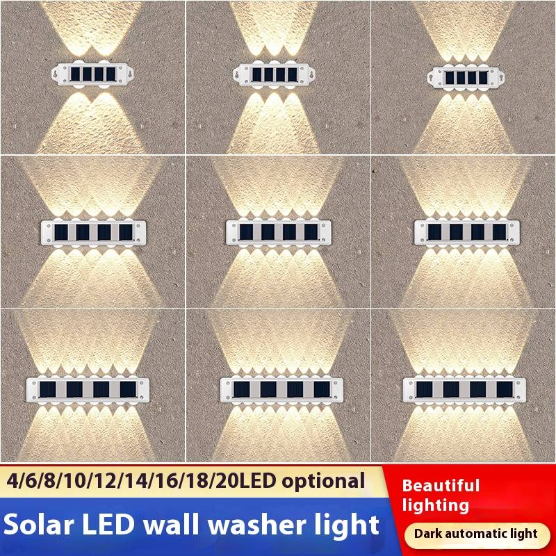 Luminárias de parede solares para áreas externas, luzes de jardim à prova d'água com iluminação para cima e para baixo, luzes de LED para caminho, quintal, pátio, decoração de casa (luz branca/quente)_voghion.com