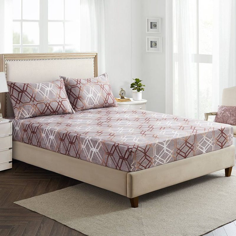 Rose Gold Geometric Honeycomb Pattern Polyester 3D Printed Fitted Bed Sheet Set With Matching Pillowcases_voghion.com