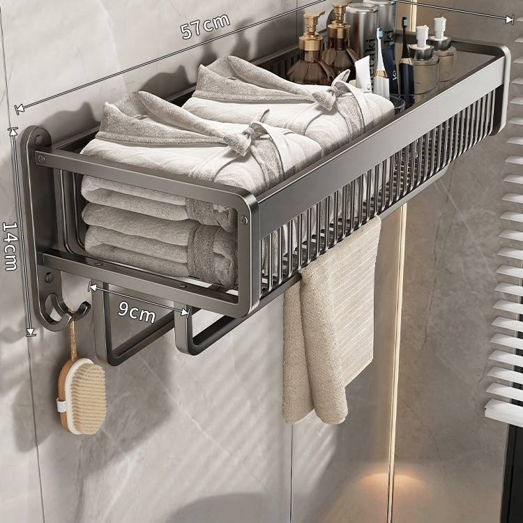 Handtuchhalter fürs Badezimmer ohne Bohren, Wandmontage, robustes Regal aus Aluminiumlegierung für Badetücher, Kleidung, Toiletten-Organizer (37 cm/47 cm/57 cm, Gun Grey)_voghion.com