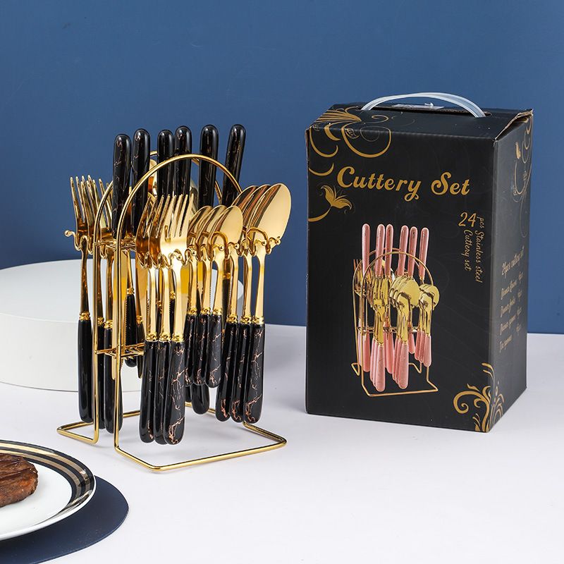 Nuovo set regalo da 24 pezzi con supporto per stoviglie, manico in ceramica, coltello, forchetta e cucchiaio in acciaio inossidabile, stile nordico_voghion.com
